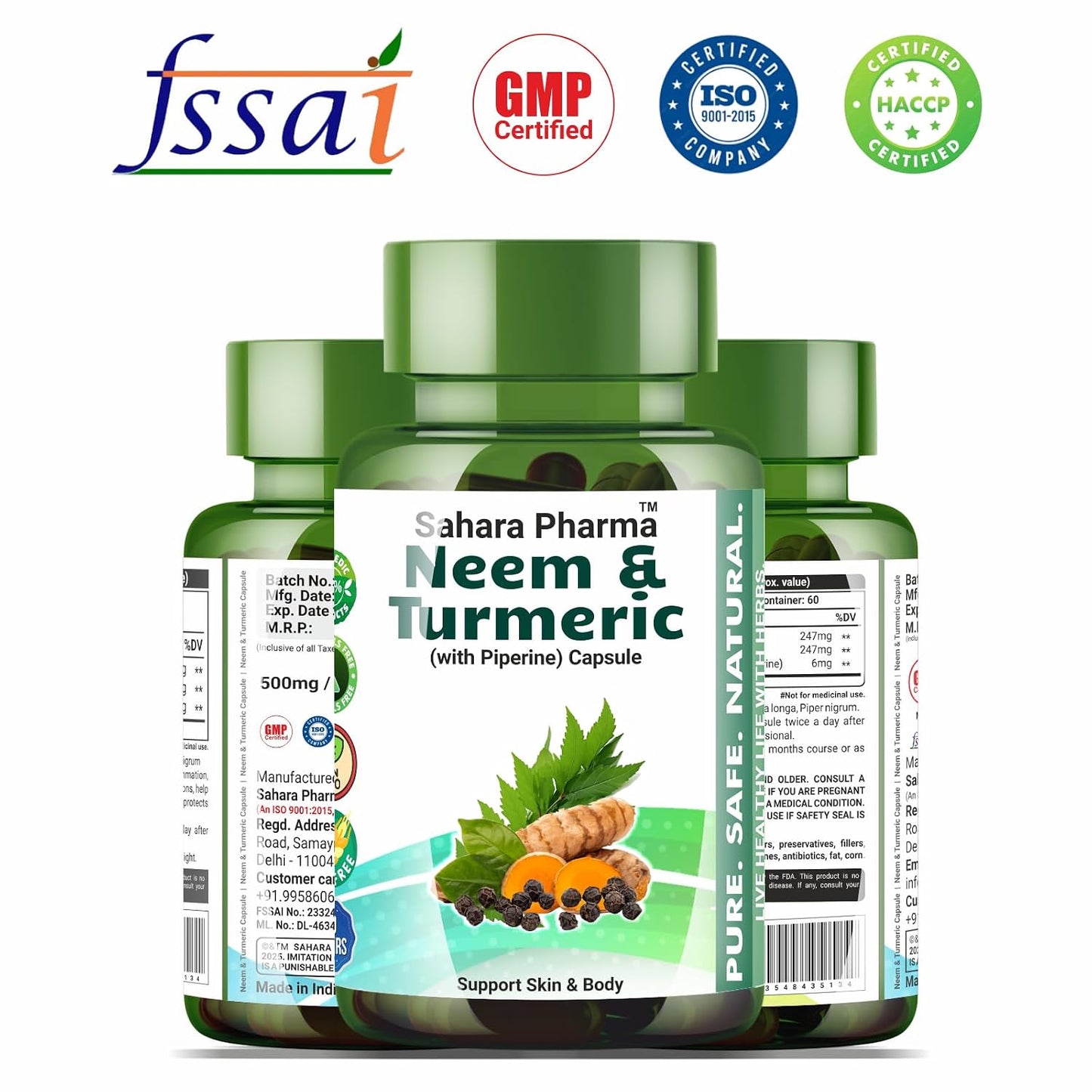 Sahara Pharma Neem & Turmeric Capsule with Black Pepper | Antioxidant Support, Joint & Immune Support, Skin Wellness | Non GMO, Gluten Free, Zero Fillers | 500mg - 60 Capsule