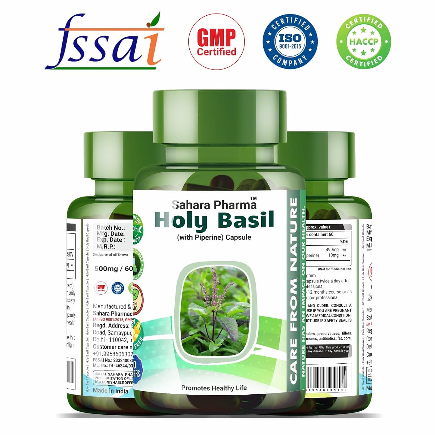 Holy Basil Capsule | Tulsi - Tulasi - Sritulasi - Nalla Thulasi - Sacred Basil | Rich in Vitamins A, C, K, Calcium, Iron, Magnesium, Zinc,, Potassium | Non GMO, Gluten Free, Zero Fillers | 500mg - 60 Capsule