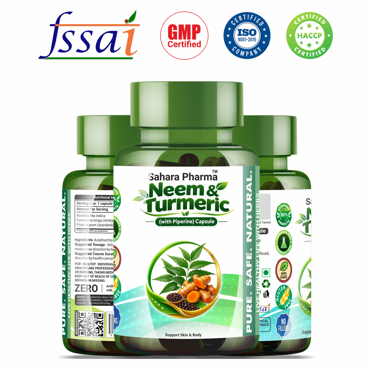 Sahara Pharma Neem & Turmeric Capsule | Non GMO, Gluten Free, Zero Fillers | 500mg - 60 Capsule