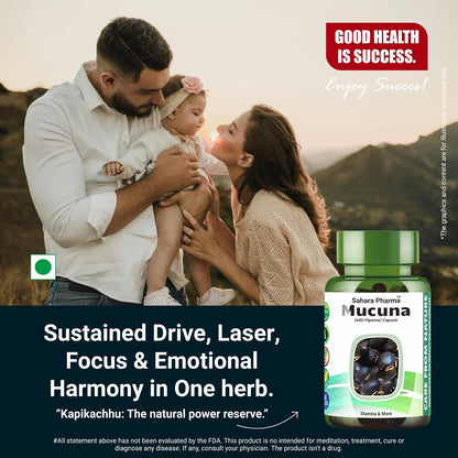 Sahara Pharma Mucuna Capsule | Kapikachu - Cowitch - Kaunch Beej | Support Mood, Healthy Libido, Sperm Quantity & Quality Enhance Physical Stamina and Vitality | Non GMO, Gluten Free, Zero Fillers | 500mg - 60 Capsule