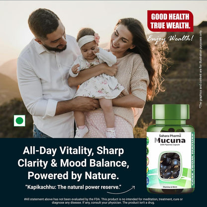 Sahara Pharma Mucuna Capsule | Kapikachu - Cowitch - Kaunch Beej | Support Mood, Healthy Libido, Sperm Quantity & Quality Enhance Physical Stamina and Vitality | Non GMO, Gluten Free, Zero Fillers | 500mg - 60 Capsule