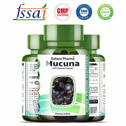 Sahara Pharma Mucuna Capsule | Kapikachu - Cowitch - Kaunch Beej | Support Mood, Healthy Libido, Sperm Quantity & Quality Enhance Physical Stamina and Vitality | Non GMO, Gluten Free, Zero Fillers | 500mg - 60 Capsule