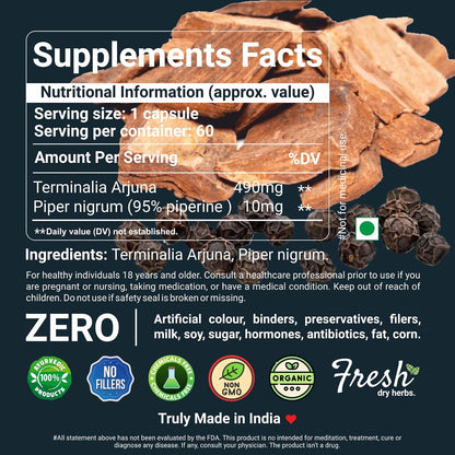 Sahara Pharma Arjuna Capsule | Terminalia Arjuna | Rich in Calcium, Magnesium, Zinc, Copper | Non GMO, Gluten Free, Zero Fillers | 500mg - 60 Capsulev