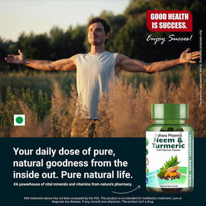 Sahara Pharma Neem & Turmeric Capsule with Black Pepper | Antioxidant Support, Joint & Immune Support, Skin Wellness | Non GMO, Gluten Free, Zero Fillers | 500mg - 60 Capsule