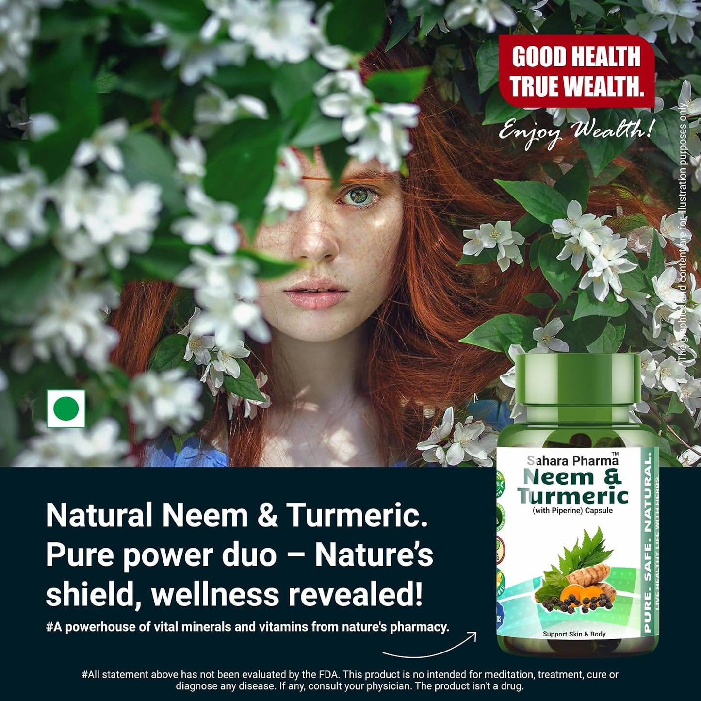 Sahara Pharma Neem & Turmeric Capsule with Black Pepper | Antioxidant Support, Joint & Immune Support, Skin Wellness | Non GMO, Gluten Free, Zero Fillers | 500mg - 60 Capsule