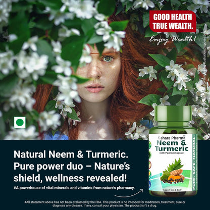 Sahara Pharma Neem & Turmeric Capsule with Black Pepper | Antioxidant Support, Joint & Immune Support, Skin Wellness | Non GMO, Gluten Free, Zero Fillers | 500mg - 60 Capsule