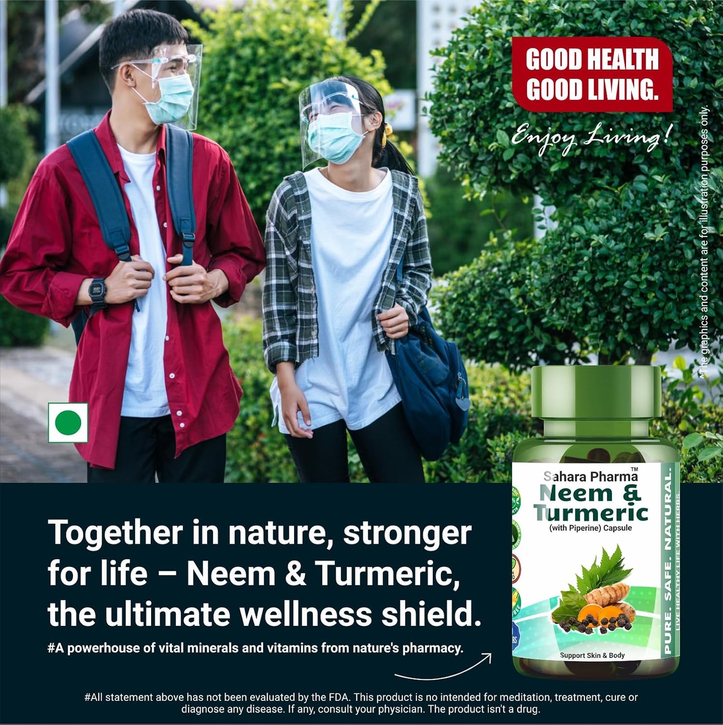 Sahara Pharma Neem & Turmeric Capsule with Black Pepper | Antioxidant Support, Joint & Immune Support, Skin Wellness | Non GMO, Gluten Free, Zero Fillers | 500mg - 60 Capsule