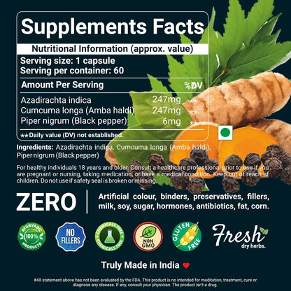 Sahara Pharma Neem & Turmeric Capsule with Black Pepper | Antioxidant Support, Joint & Immune Support, Skin Wellness | Non GMO, Gluten Free, Zero Fillers | 500mg - 60 Capsule