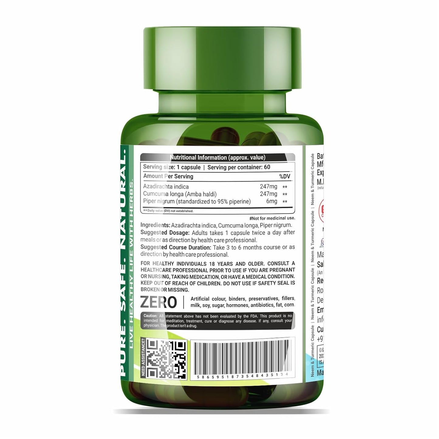Sahara Pharma Neem & Turmeric Capsule with Black Pepper | Antioxidant Support, Joint & Immune Support, Skin Wellness | Non GMO, Gluten Free, Zero Fillers | 500mg - 60 Capsule