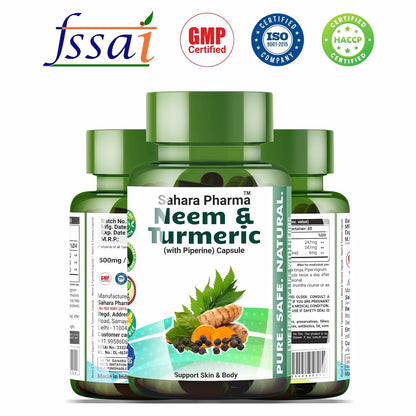 Sahara Pharma Neem & Turmeric Capsule with Black Pepper | Antioxidant Support, Joint & Immune Support, Skin Wellness | Non GMO, Gluten Free, Zero Fillers | 500mg - 60 Capsule