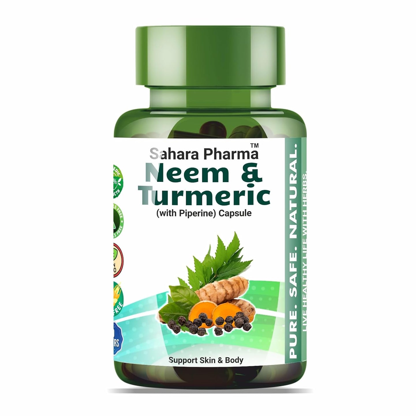 Sahara Pharma Neem & Turmeric Capsule with Black Pepper | Antioxidant Support, Joint & Immune Support, Skin Wellness | Non GMO, Gluten Free, Zero Fillers | 500mg - 60 Capsule