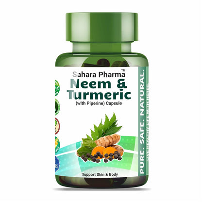 Sahara Pharma Neem & Turmeric Capsule with Black Pepper | Antioxidant Support, Joint & Immune Support, Skin Wellness | Non GMO, Gluten Free, Zero Fillers | 500mg - 60 Capsule