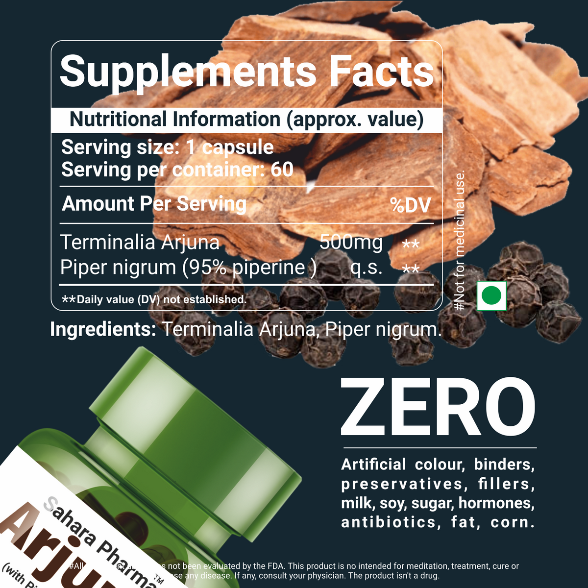 Sahara Pharma Arjuna Capsule | Non GMO, Gluten Free, Zero Fillers | 500mg - 60 Capsule