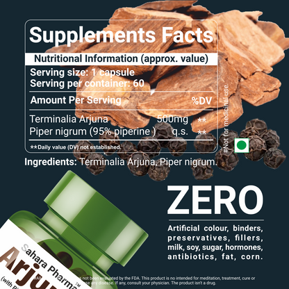 Sahara Pharma Arjuna Capsule | Non GMO, Gluten Free, Zero Fillers | 500mg - 60 Capsule