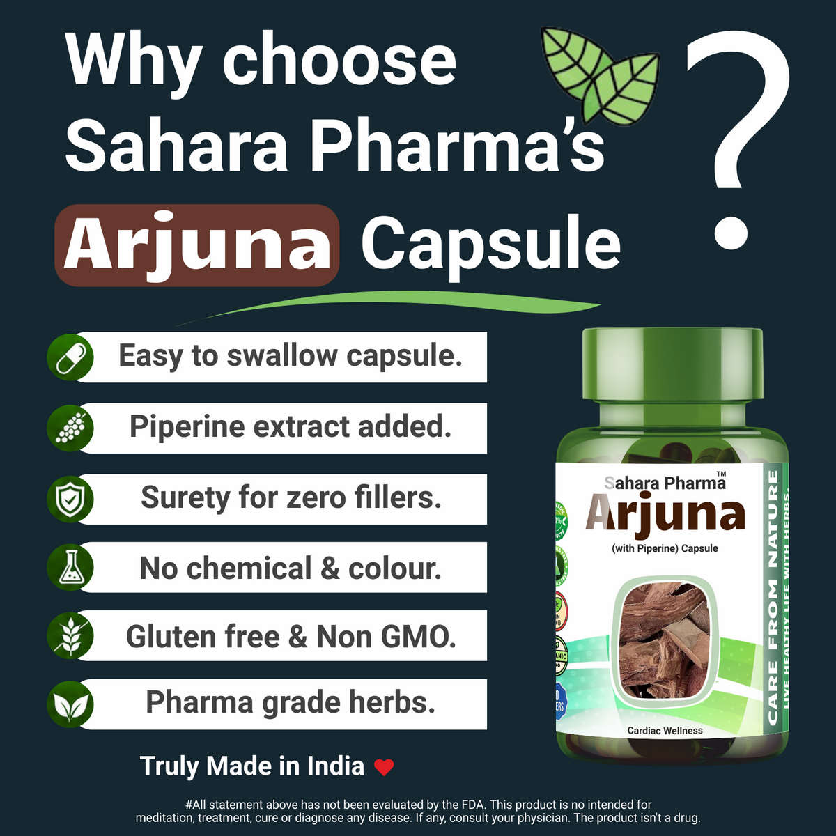 Sahara Pharma Arjuna Capsule | Non GMO, Gluten Free, Zero Fillers | 500mg - 60 Capsule