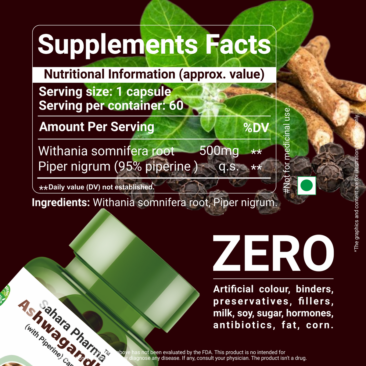 Sahara Pharma Ashwagandha Capsule | Non GMO, Gluten Free, Zero Fillers | 60 Capsule