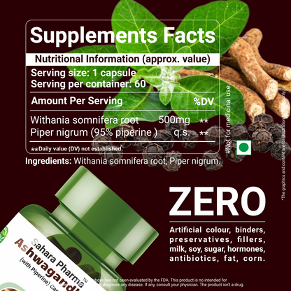 Sahara Pharma Ashwagandha Capsule | Non GMO, Gluten Free, Zero Fillers | 60 Capsule