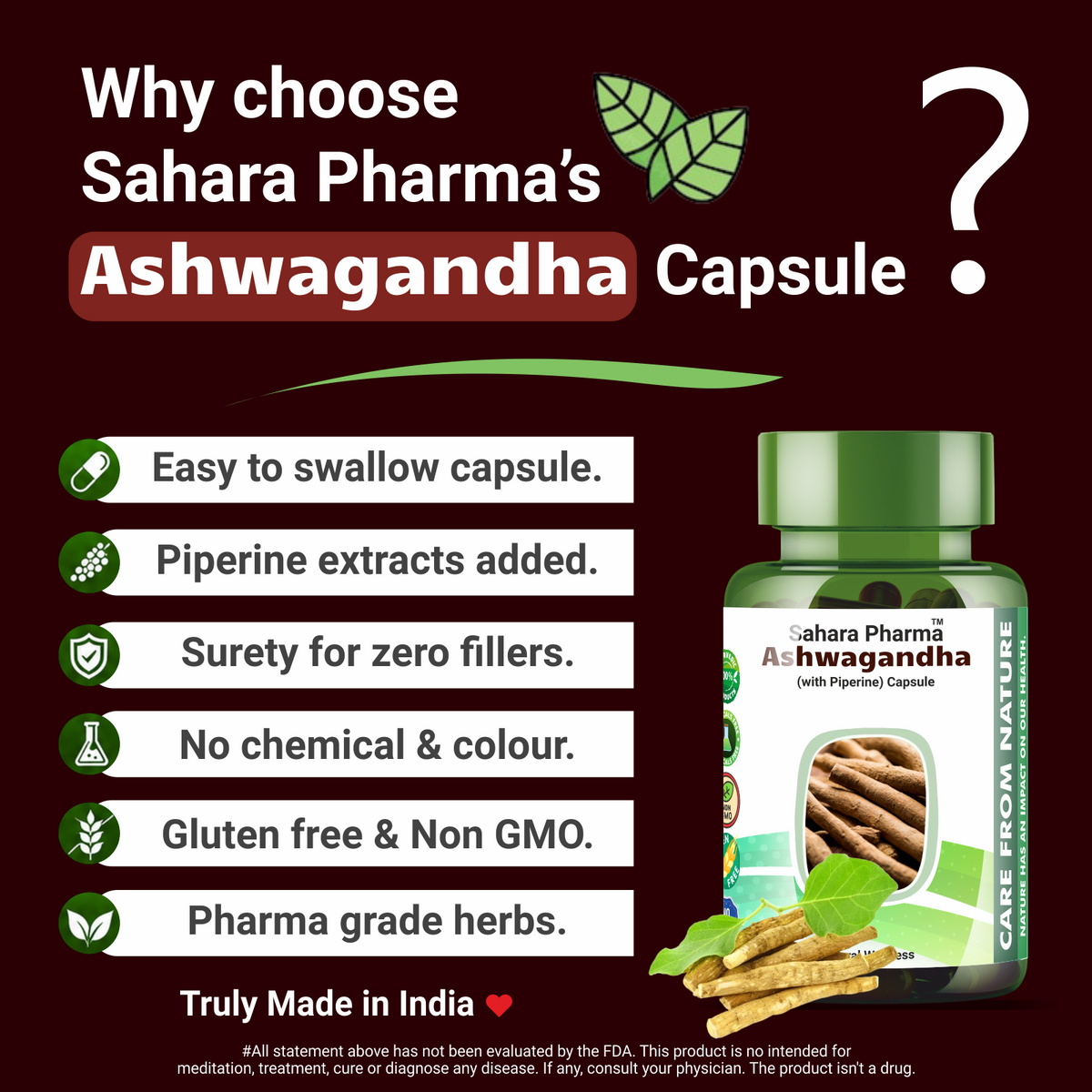 Sahara Pharma Ashwagandha Capsule | Non GMO, Gluten Free, Zero Fillers | 60 Capsule