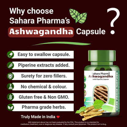 Sahara Pharma Ashwagandha Capsule | Non GMO, Gluten Free, Zero Fillers | 60 Capsule