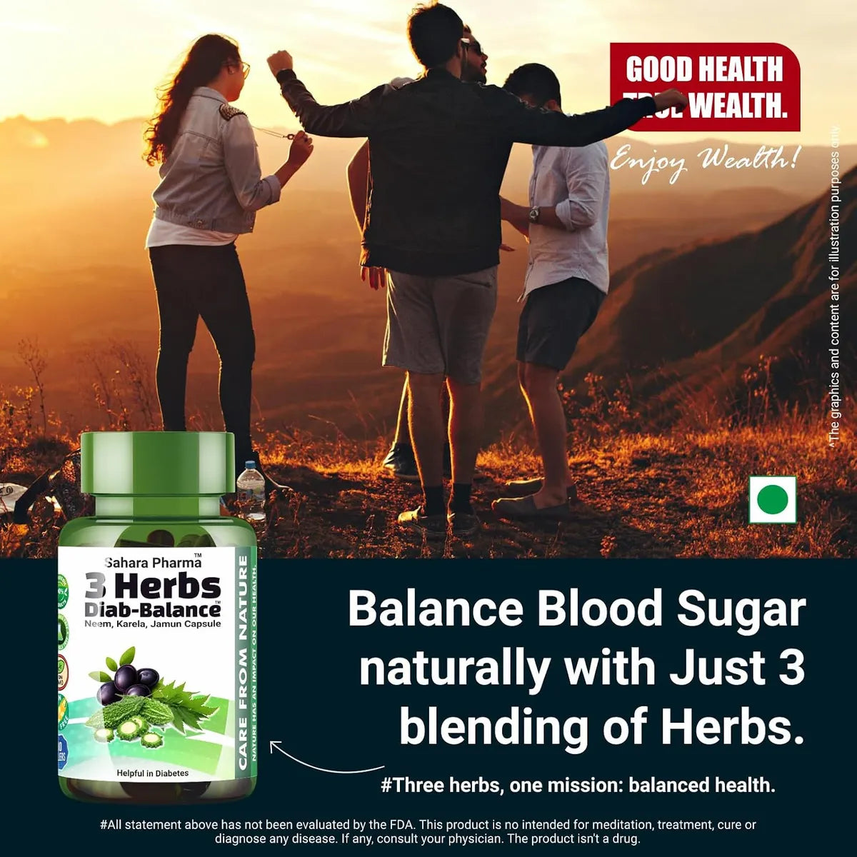 Sahara Pharma Neem Karela Jamun Capsule | Blending of 3 Miracle Herbs | Three Herbs - One Simple Capsule - Balanced Health | Non GMO, Gluten Free, Zero Fillers | 500mg - 60 Capsule