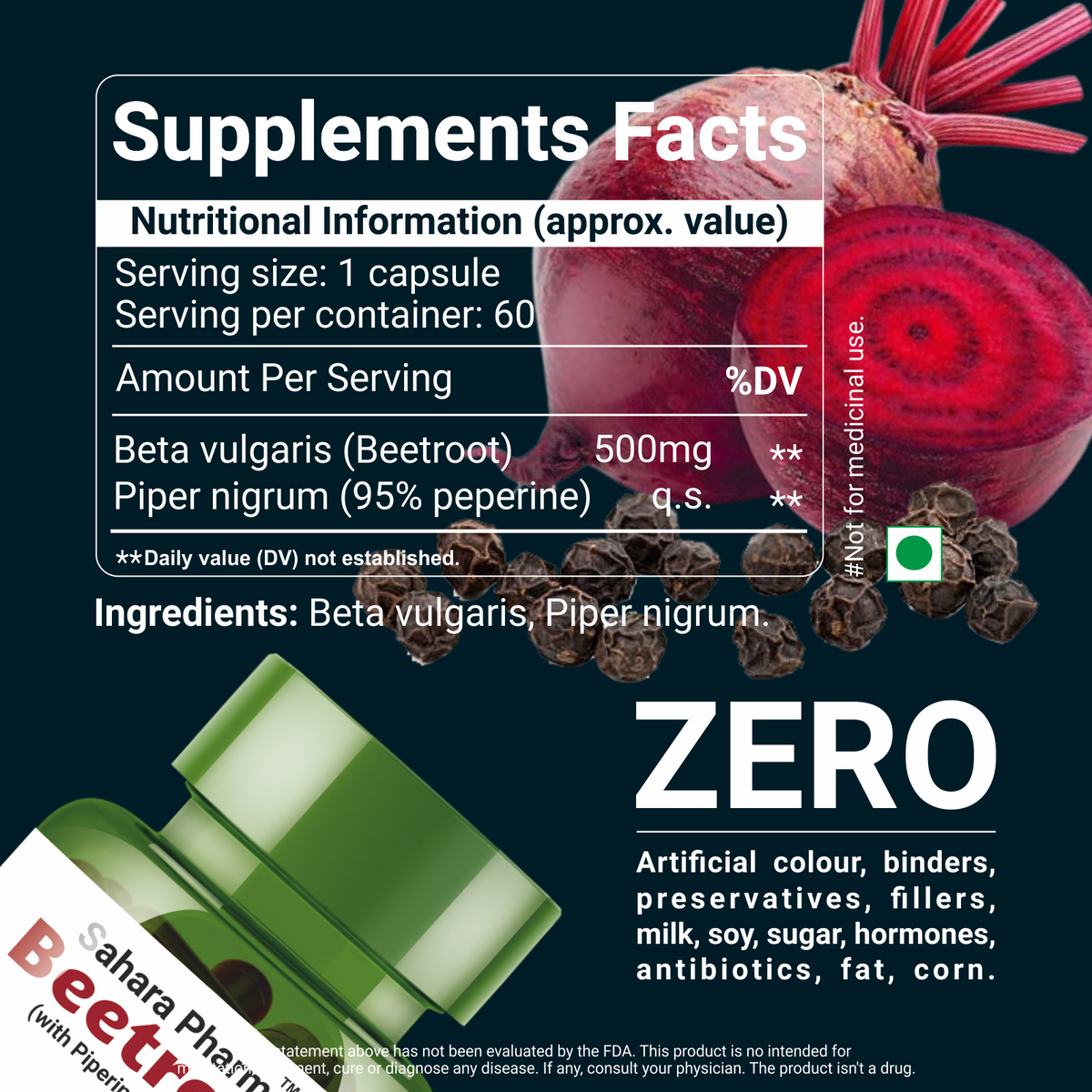 Sahara Pharma Beetroot Capsules | Non GMO, Gluten Free, Zero Fillers | 500mg - 60 Capsules