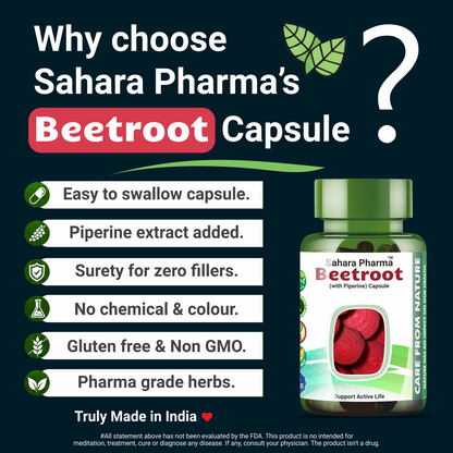 Sahara Pharma Beetroot Capsules | Non GMO, Gluten Free, Zero Fillers | 500mg - 60 Capsules