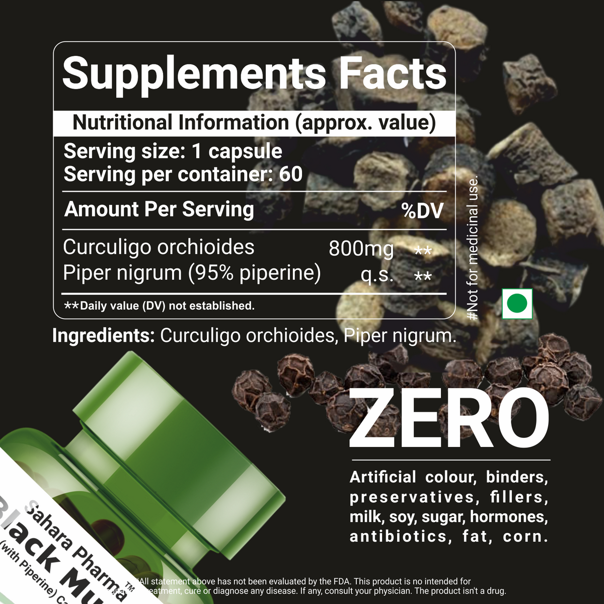 Sahara Pharma Black Musli Capsule | Non GMO, Gluten Free, Zero Fillers | 800mg - 60 Capsule