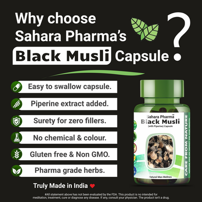 Sahara Pharma Black Musli Capsule | Non GMO, Gluten Free, Zero Fillers | 800mg - 60 Capsule