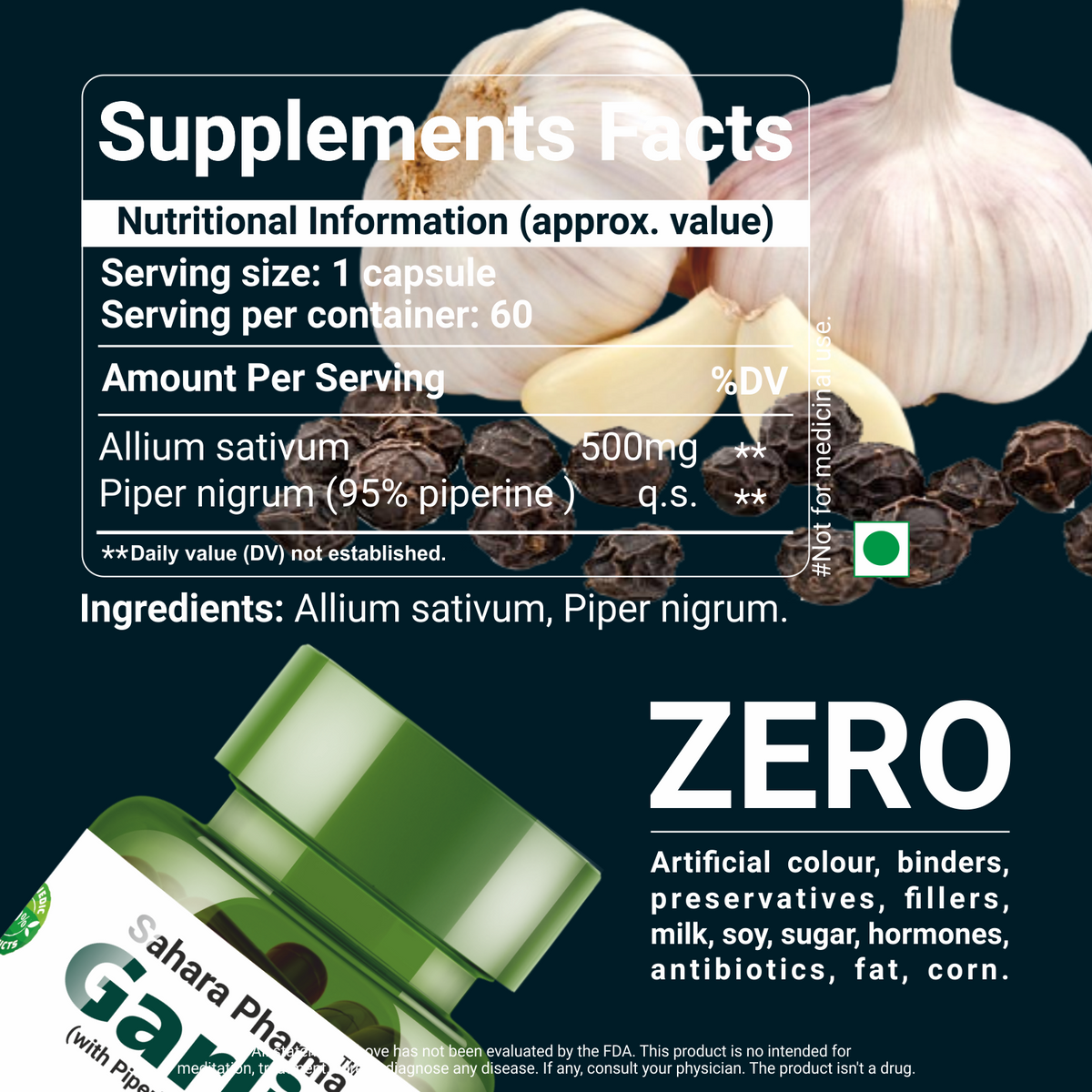 Sahara Pharma Garlic Capsule | Non GMO, Gluten Free, Zero Fillers | 500mg - 60 Capsule