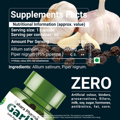 Sahara Pharma Garlic Capsule | Non GMO, Gluten Free, Zero Fillers | 500mg - 60 Capsule