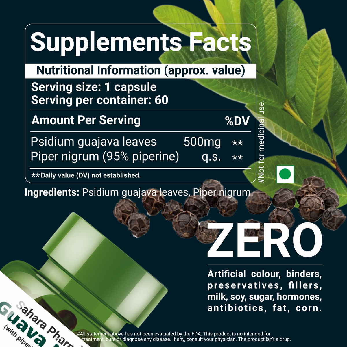 Sahara Pharma Guava Leaf Capsule | Non GMO, Gluten Free, Zero Fillers | 500mg - 60 Capsule