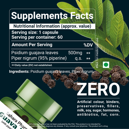 Sahara Pharma Guava Leaf Capsule | Non GMO, Gluten Free, Zero Fillers | 500mg - 60 Capsule