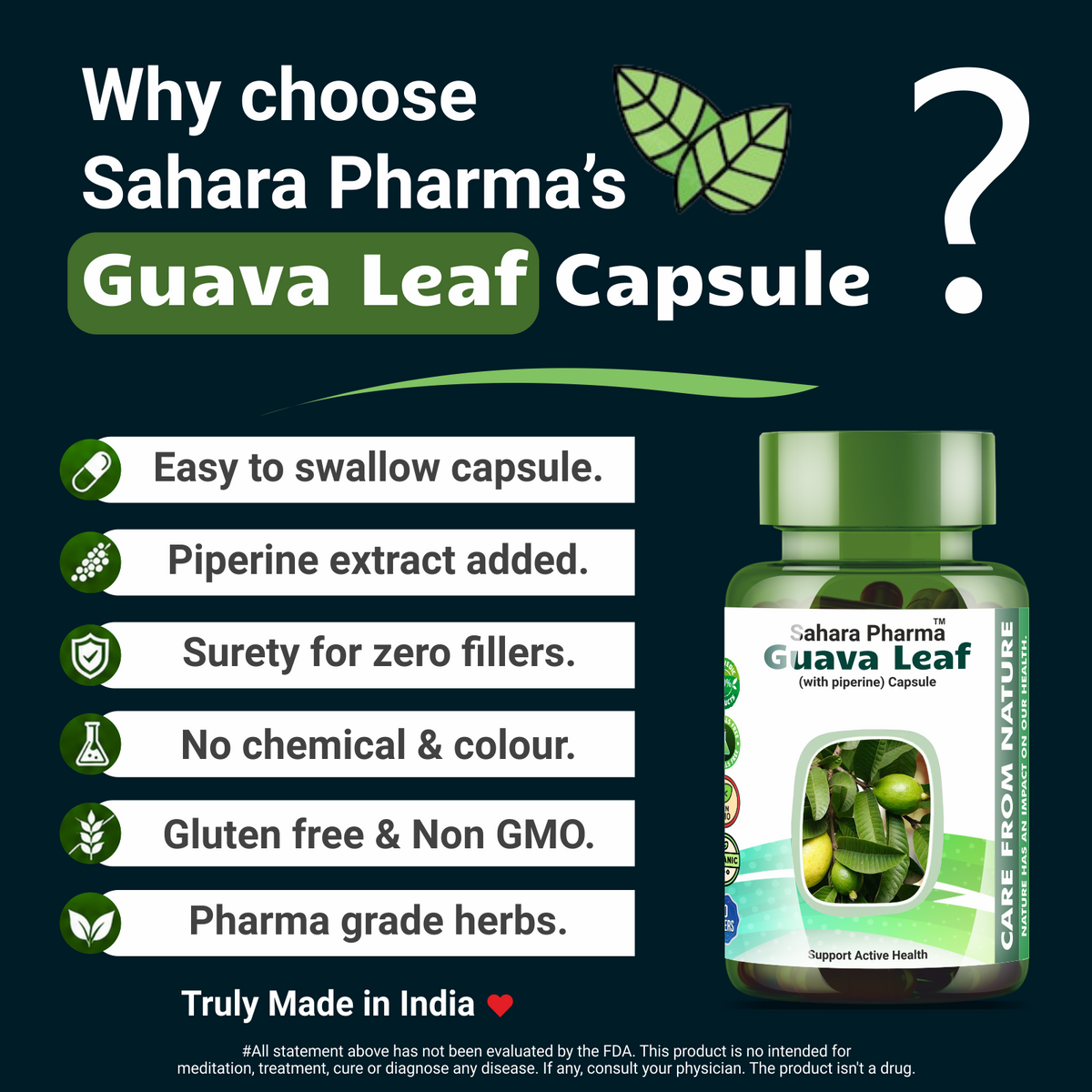 Sahara Pharma Guava Leaf Capsule | Non GMO, Gluten Free, Zero Fillers | 500mg - 60 Capsule