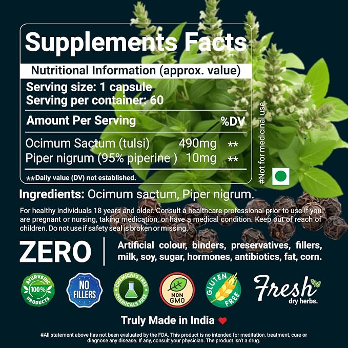 Holy Basil Capsule | Tulsi - Tulasi - Sritulasi - Nalla Thulasi - Sacred Basil | Rich in Vitamins A, C, K, Calcium, Iron, Magnesium, Zinc,, Potassium | Non GMO, Gluten Free, Zero Fillers | 500mg - 60 Capsule