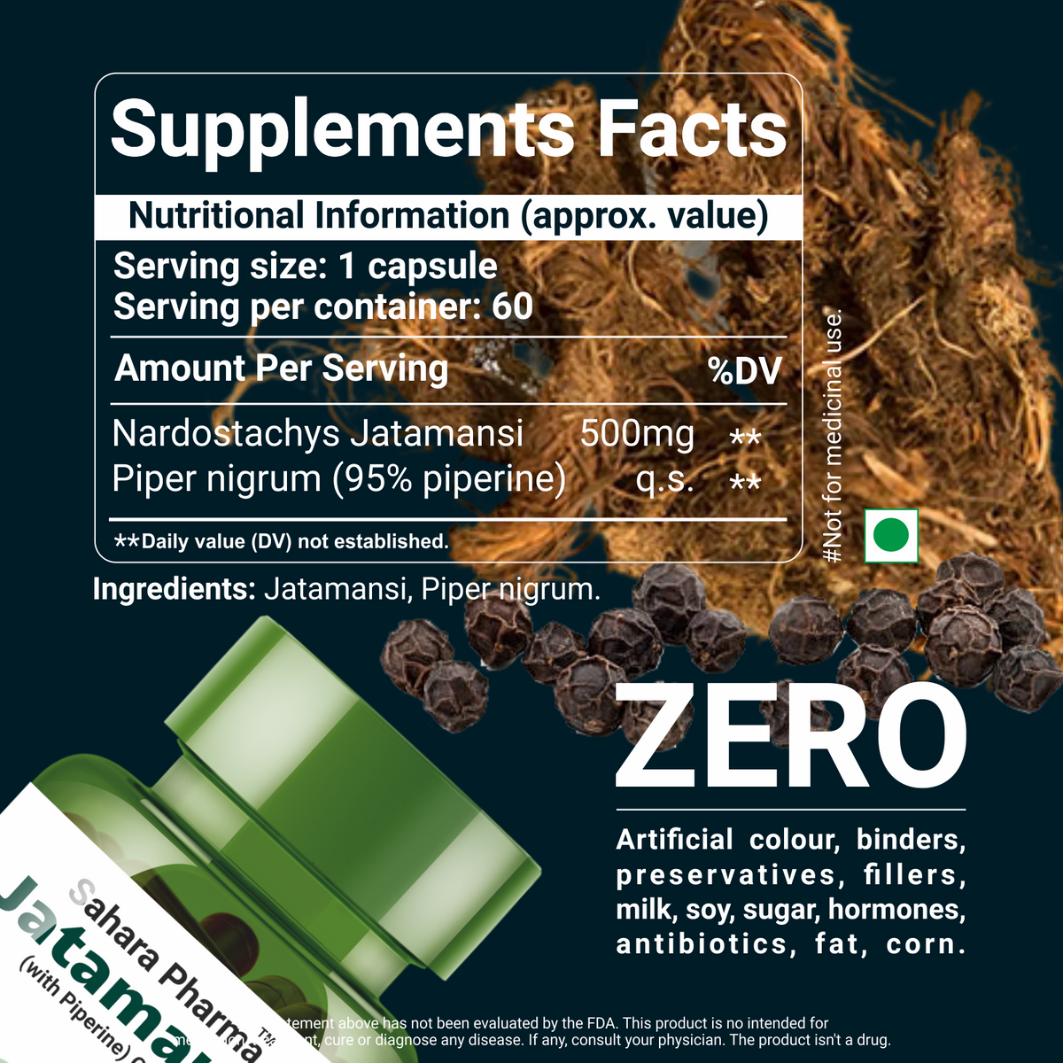 Sahara Pharma Jatamansi Capsule | Non GMO, Gluten Free, Zero Fillers | 500mg - 60 Capsule