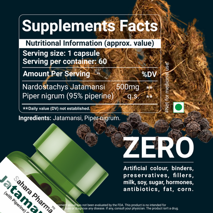 Sahara Pharma Jatamansi Capsule | Non GMO, Gluten Free, Zero Fillers | 500mg - 60 Capsule