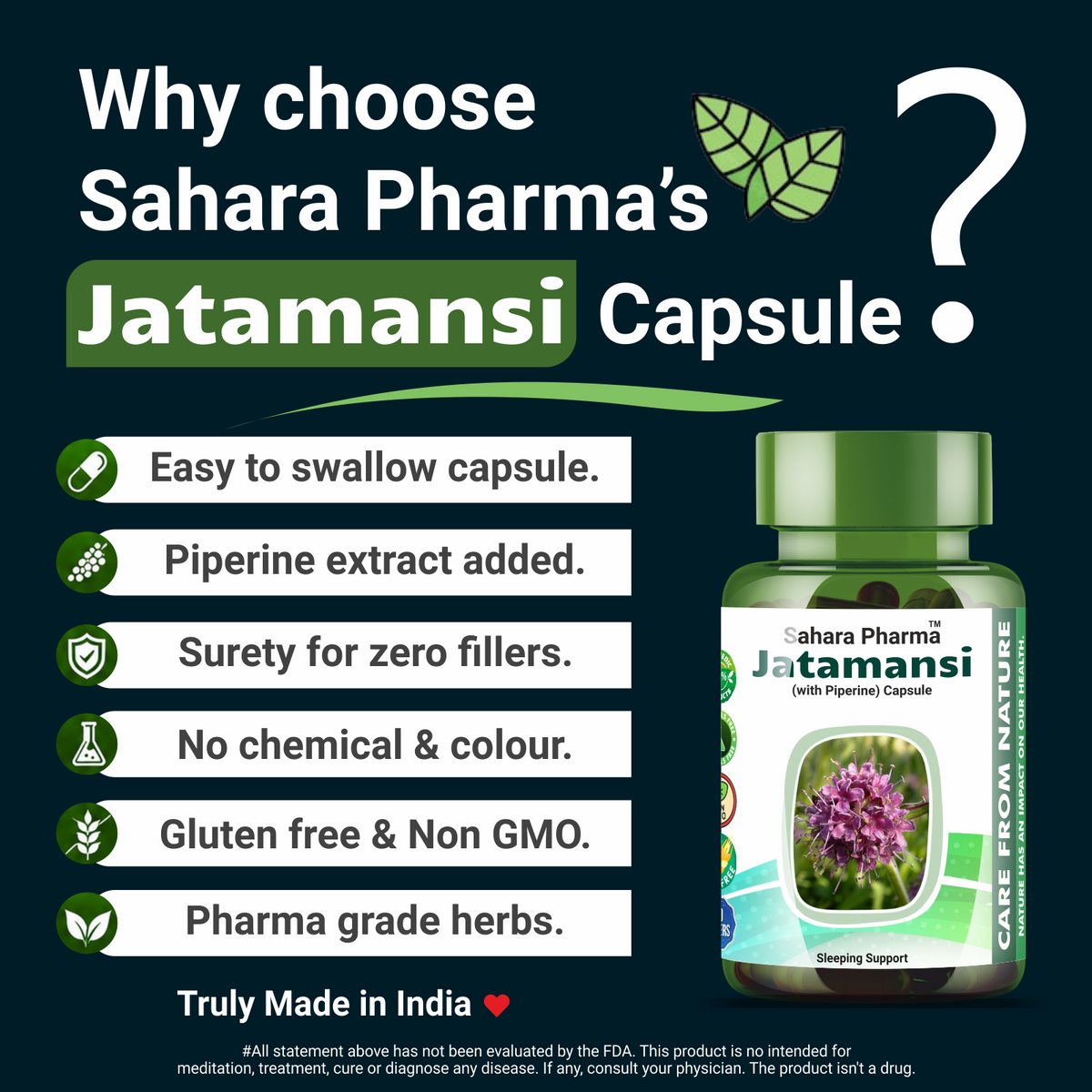 Sahara Pharma Jatamansi Capsule | Non GMO, Gluten Free, Zero Fillers | 500mg - 60 Capsule
