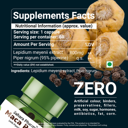 Sahara Pharma Maca Root Extract Capsules | Non GMO, Gluten Free, Zero Fillers | 800mg - 60 Capsule
