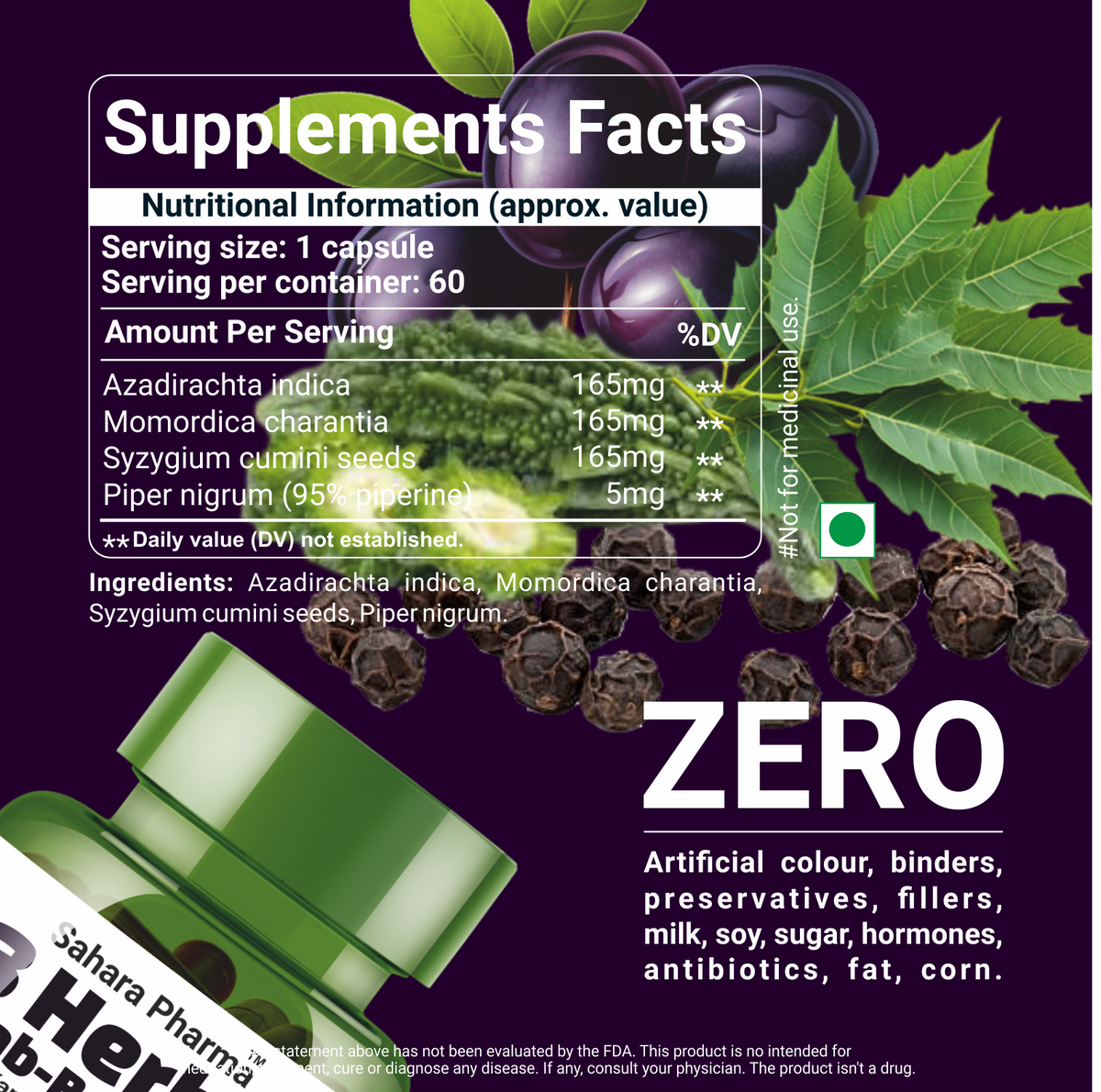 Sahara Pharma Neem Karela Jamun Capsule | Non GMO, Gluten Free, Zero Fillers | 500mg - 60 Capsule