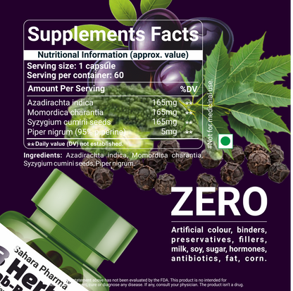 Sahara Pharma Neem Karela Jamun Capsule | Non GMO, Gluten Free, Zero Fillers | 500mg - 60 Capsule