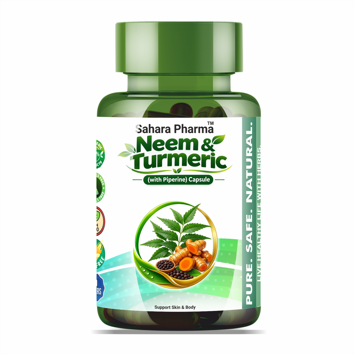Sahara Pharma Neem & Turmeric Capsule | Non GMO, Gluten Free, Zero Fillers | 500mg - 60 Capsule