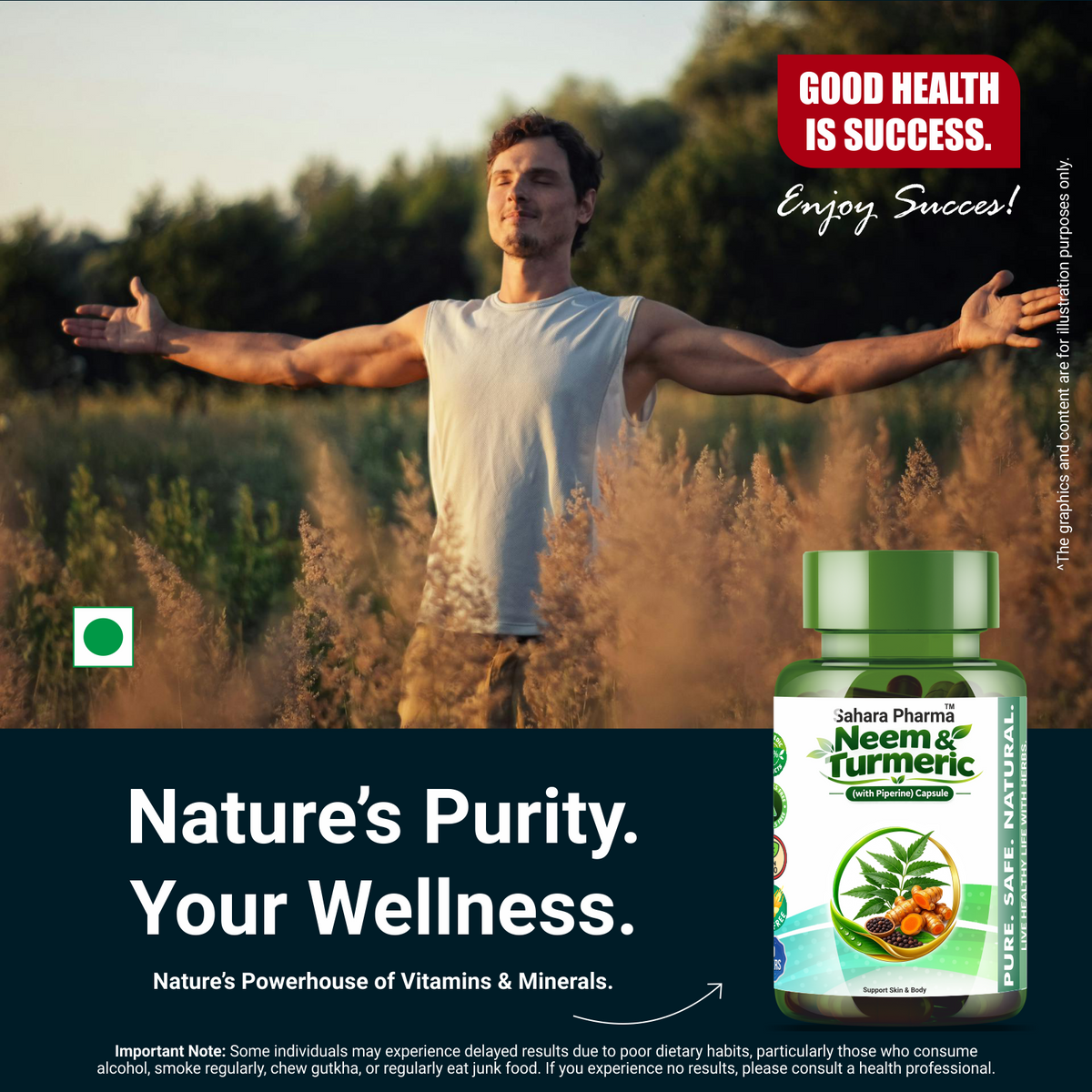 Sahara Pharma Neem & Turmeric Capsule | Non GMO, Gluten Free, Zero Fillers | 500mg - 60 Capsule
