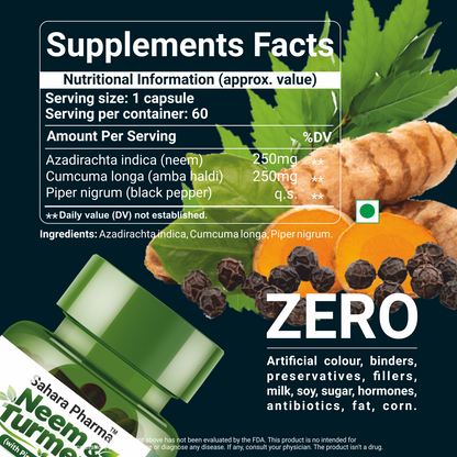 Sahara Pharma Neem & Turmeric Capsule | Non GMO, Gluten Free, Zero Fillers | 500mg - 60 Capsule