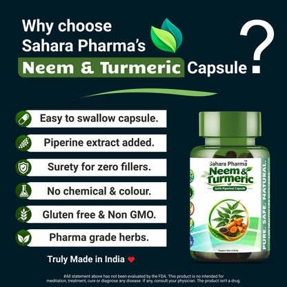 Sahara Pharma Neem & Turmeric Capsule | Non GMO, Gluten Free, Zero Fillers | 500mg - 60 Capsule