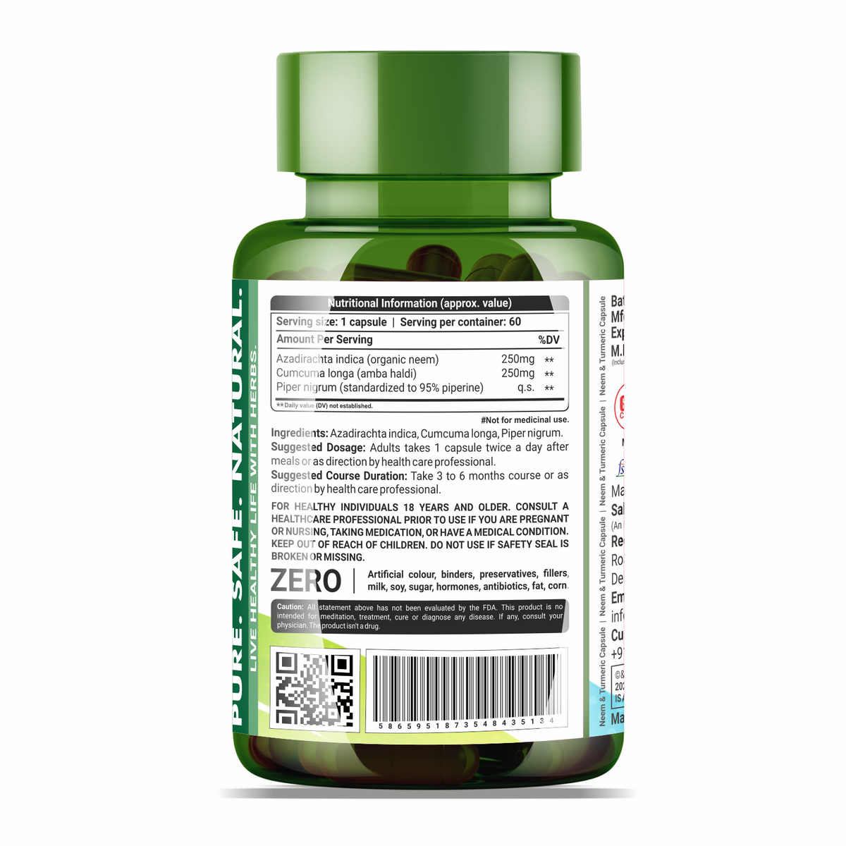Sahara Pharma Neem & Turmeric Capsule | Non GMO, Gluten Free, Zero Fillers | 500mg - 60 Capsule