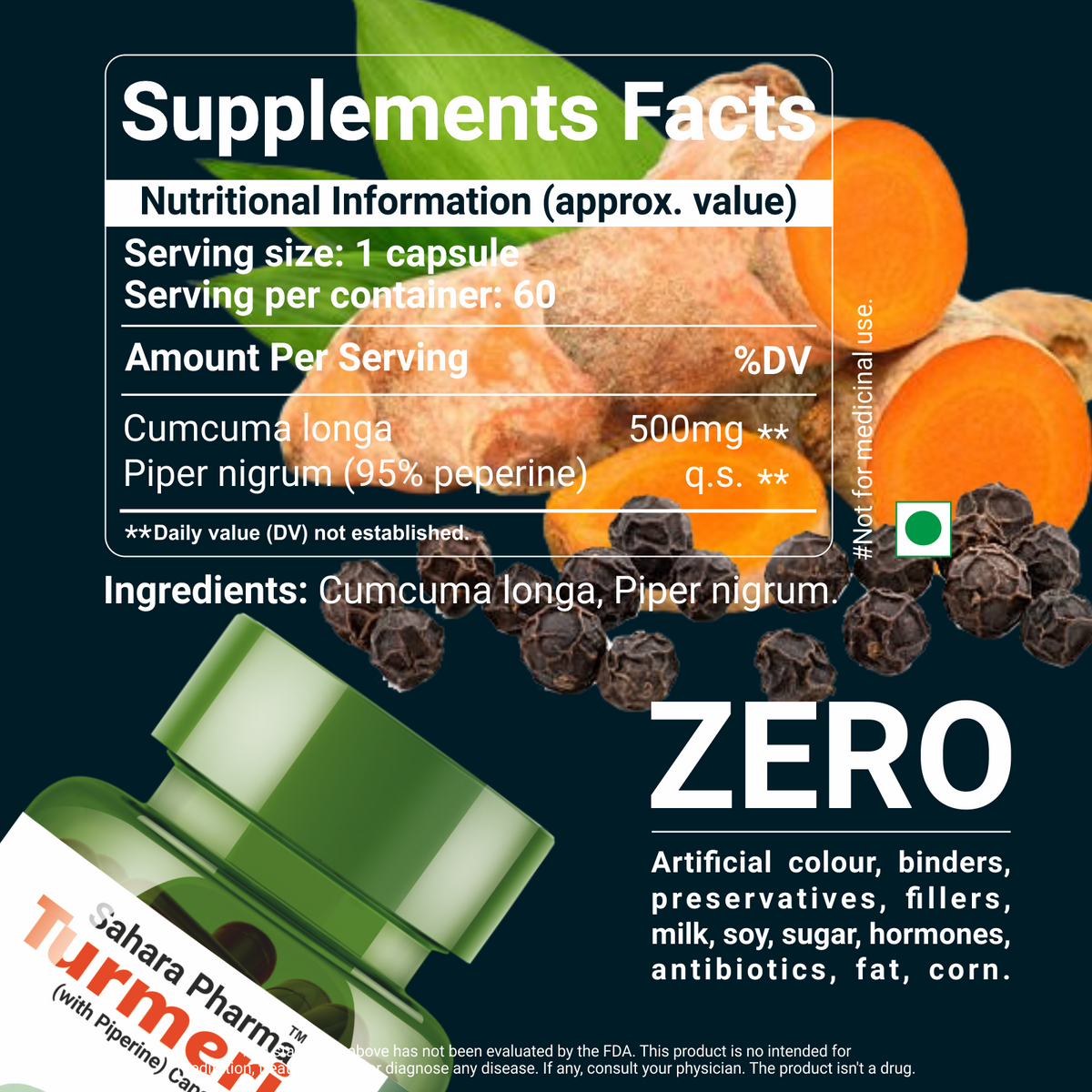 Sahara Pharma Turmeric Capsule | Non GMO, Zero Fillers, Zero Fillers | 500mg - 60 Capsule