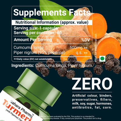 Sahara Pharma Turmeric Capsule | Non GMO, Zero Fillers, Zero Fillers | 500mg - 60 Capsule