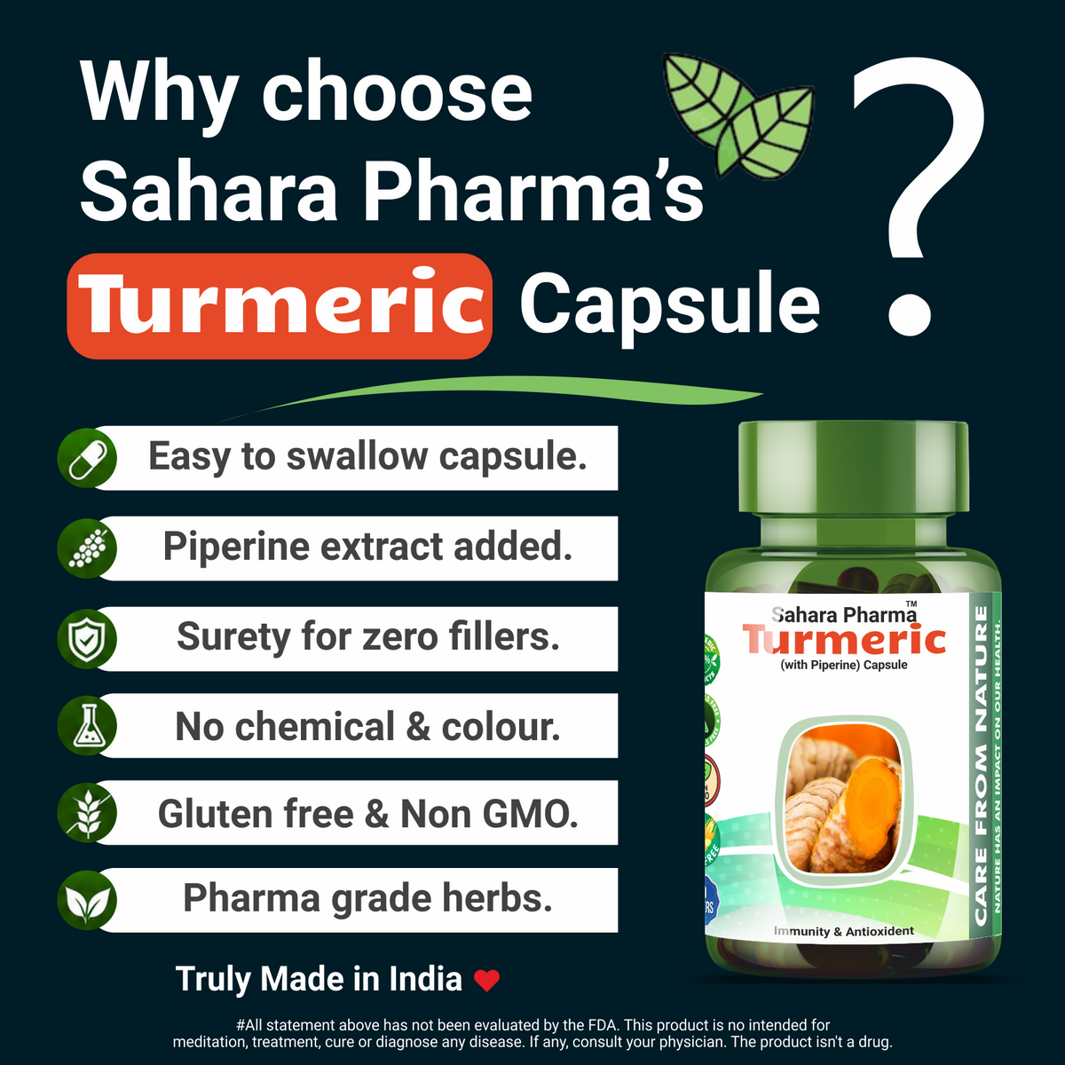 Sahara Pharma Turmeric Capsule | Non GMO, Zero Fillers, Zero Fillers | 500mg - 60 Capsule