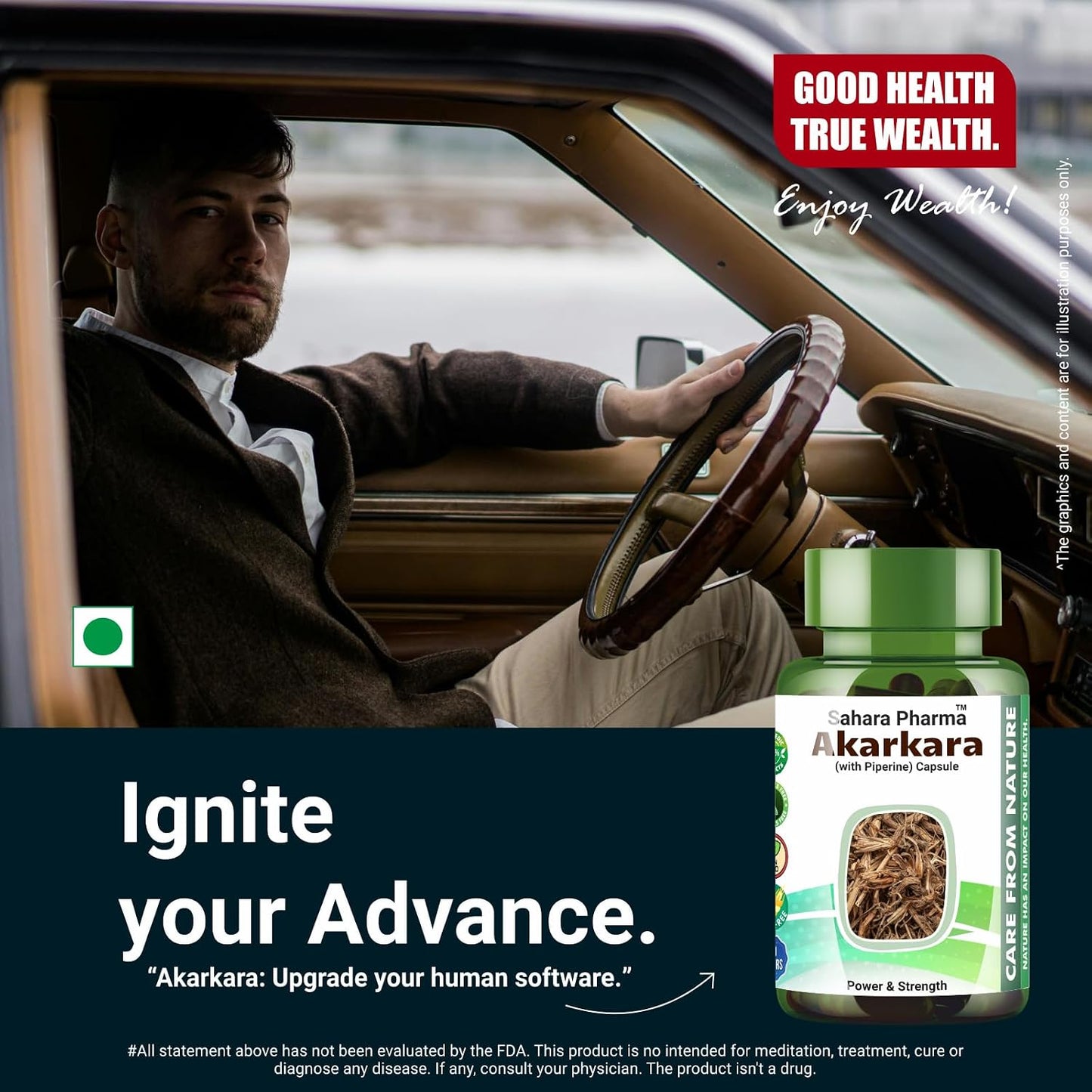 Sahara Pharma Akarkara Capsule | Anacyclus Pyrethrum - Pellitory Root - Akkirakaram | Source of Fiber, Mineral, Vitamins for Men | Non GMO, Gluten Free, Zero Fillers | 750mg - 60 Capsule