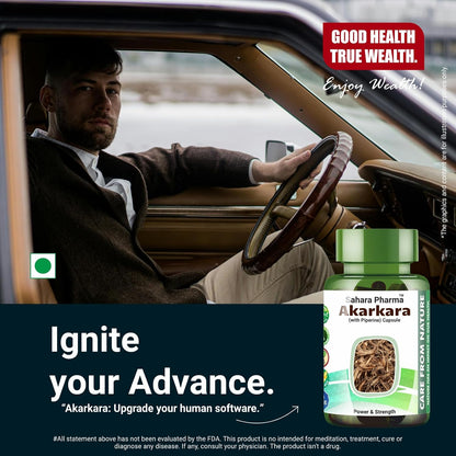Sahara Pharma Akarkara Capsule | Anacyclus Pyrethrum - Pellitory Root - Akkirakaram | Source of Fiber, Mineral, Vitamins for Men | Non GMO, Gluten Free, Zero Fillers | 750mg - 60 Capsule